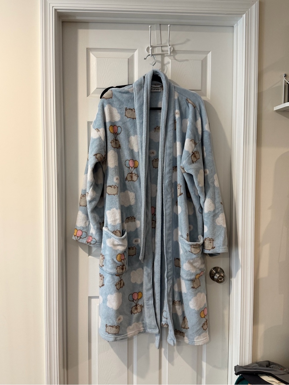 Pusheen Light Blue Plush Robe with Balloon Cat Print